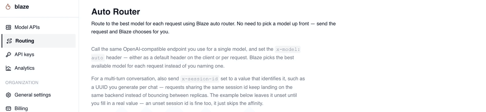 The Routing screen in the Blaze console, titled Auto Router. It explains that setting the x-model: auto header lets Blaze choose a model for each request.